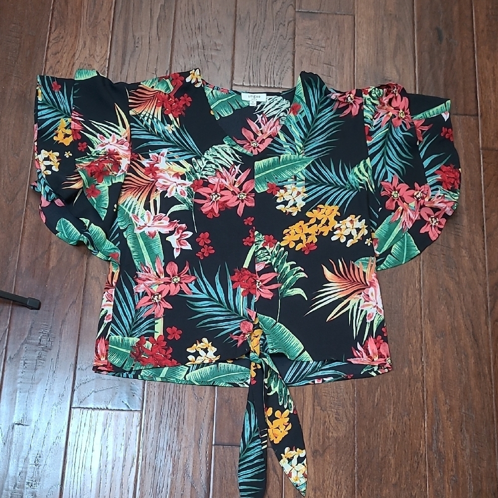 Umgee Black Colorful Tropical Floral Print Tie-Front Ruffled Sleeve Blouse (M)
